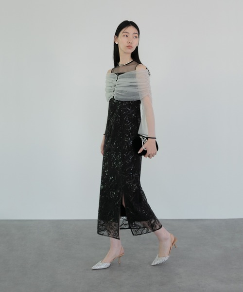 Leja ドレス 「LEJA」チュールオフショルダー花柄Iラインドレスワンピース 2点セット 美脚効果 結婚式 パーティードレス 成人式 二次会 同窓会 お呼ば - 画像 (7)