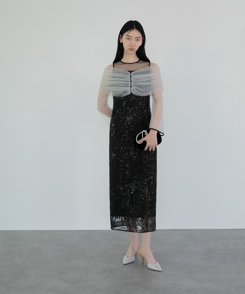 Leja ドレス 「LEJA」チュールオフショルダー花柄Iラインドレスワンピース 2点セット 美脚効果 結婚式 パーティードレス 成人式 二次会 同窓会 お呼ば - 画像 (5)