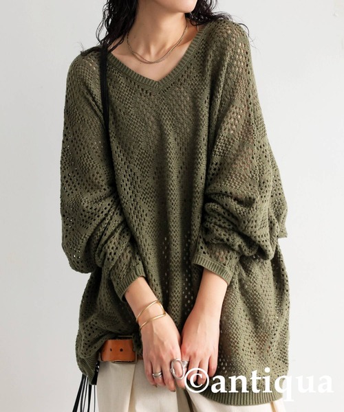antiqua ニット セーター 透かし編みドルマンニット レディース