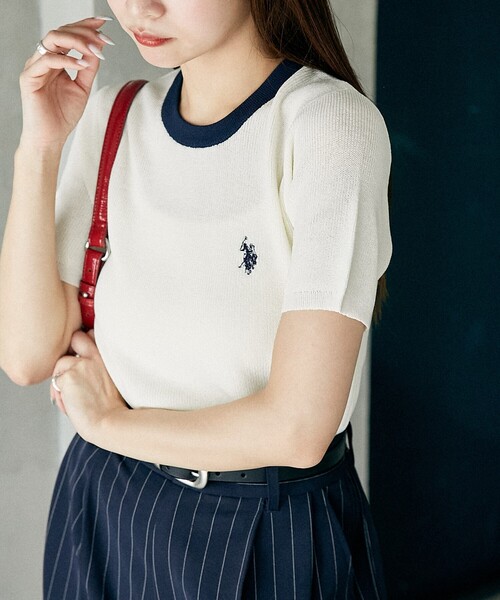 U.S. POLO ASSN. tシャツ × PUBLUX/ユーエスポロアッスン 別注 襟配色 デザイン サマーニット Tシャツ 限定展開 レディース - 画像 (2)