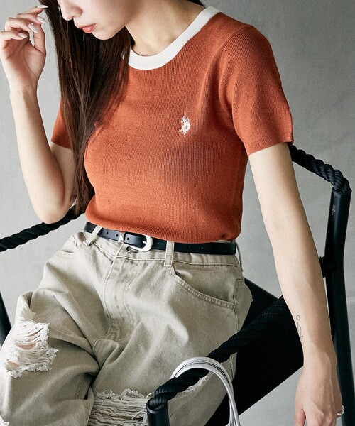 U.S. POLO ASSN. tシャツ × PUBLUX/ユーエスポロアッスン 別注 襟配色 デザイン サマーニット Tシャツ 限定展開 レディース - 画像 (3)