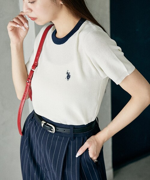 U.S. POLO ASSN. tシャツ × PUBLUX/ユーエスポロアッスン 別注 襟配色 デザイン サマーニット Tシャツ 限定展開 レディース - 画像 (5)