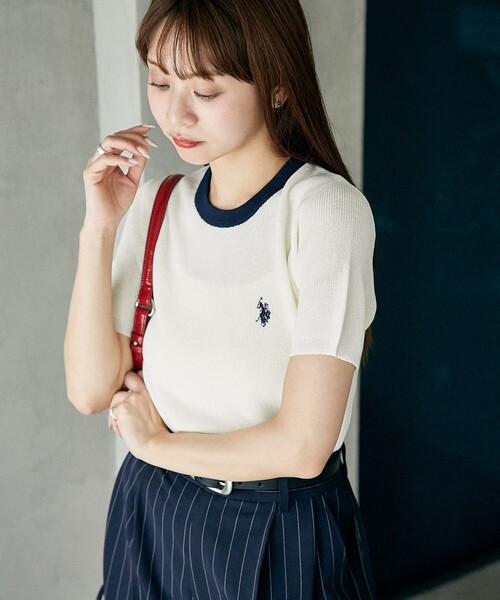 U.S. POLO ASSN. tシャツ × PUBLUX/ユーエスポロアッスン 別注 襟配色 デザイン サマーニット Tシャツ 限定展開 レディース - 画像 (6)