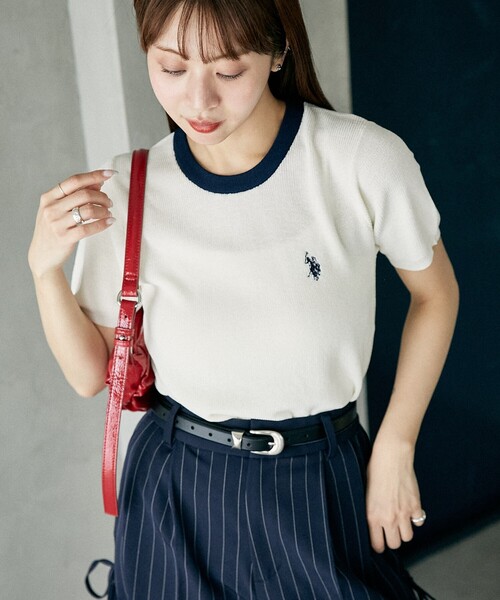 U.S. POLO ASSN. tシャツ × PUBLUX/ユーエスポロアッスン 別注 襟配色 デザイン サマーニット Tシャツ 限定展開 レディース - 画像 (7)