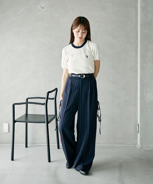 U.S. POLO ASSN. tシャツ × PUBLUX/ユーエスポロアッスン 別注 襟配色 デザイン サマーニット Tシャツ 限定展開 レディース - 画像 (9)