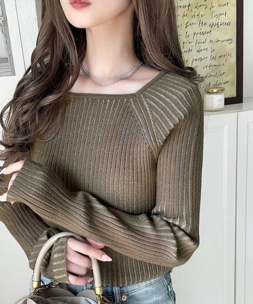 classicalelf ニット セーター 即、大人上品に♪プレーティングリブスクエアネックニットプルオーバー(長袖) レディース - 画像 (6)