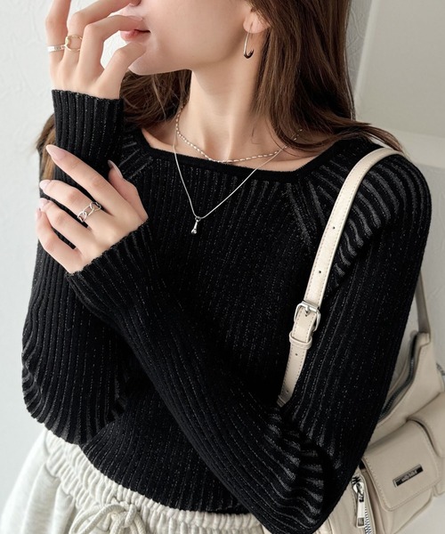 classicalelf ニット セーター 即、大人上品に♪プレーティングリブスクエアネックニットプルオーバー(長袖) レディース - 画像 (3)