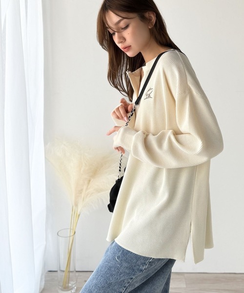 classicalelf tシャツ 洒落感アップのこなれT。胸刺繍ワッフルオーバーサイズキーネックロンT(長袖) レディース - 画像 (8)