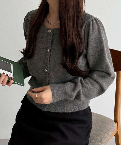 callautia カーディガン 金ボタンパフスリーブショートニットカーディガン レディース - 画像 (3)