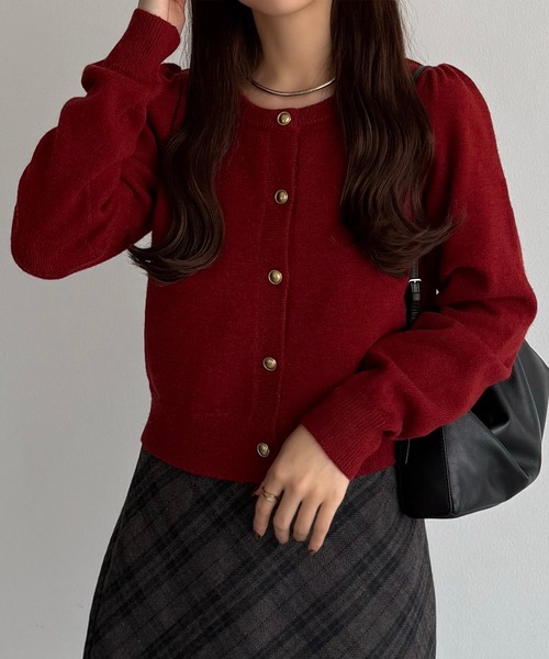 callautia カーディガン 金ボタンパフスリーブショートニットカーディガン レディース - 画像 (4)