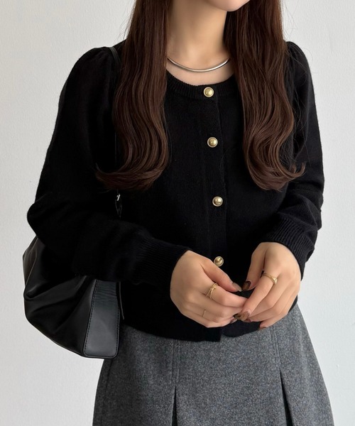 callautia カーディガン 金ボタンパフスリーブショートニットカーディガン レディース - 画像 (2)