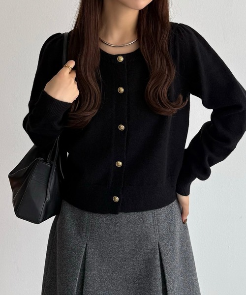 callautia カーディガン 金ボタンパフスリーブショートニットカーディガン レディース - 画像 (6)
