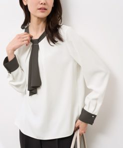 ROPE' PICNIC ブラウス シャツ 「WEB限定カラー・サイズ」メタルパーツフロントフリルタイブラウス/通勤対応 レディース