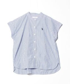 U.S. POLO ASSN. 「U.S. ASSN.」 ストライプ柄半袖ブラウス LL ネイビー レディース
