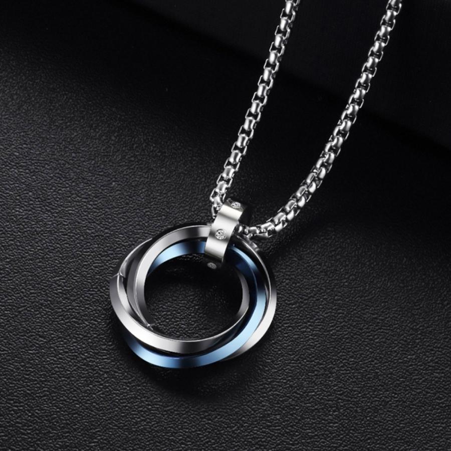 トリプルリングペンダント 三連 メンズ ネックレス ステンレス 長さ選べるチェーン ブルー ブラック ローズゴールド 韓流 送料込み - 画像 (4)