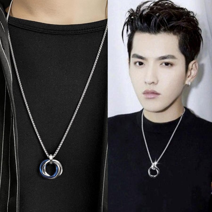 トリプルリングペンダント 三連 メンズ ネックレス ステンレス 長さ選べるチェーン ブルー ブラック ローズゴールド 韓流 送料込み - 画像 (9)