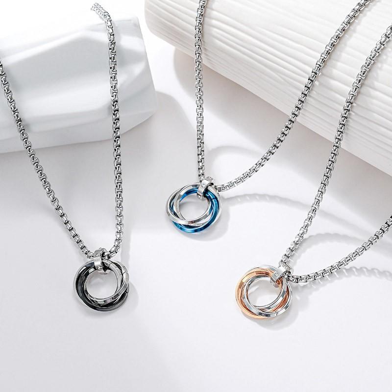 トリプルリングペンダント 三連 メンズ ネックレス ステンレス 長さ選べるチェーン ブルー ブラック ローズゴールド 韓流 送料込み - 画像 (8)