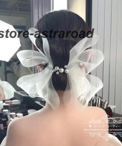 ウエディングヘッドドレス ウェディング リボンヘアピン ホワイト ハードチュール パールUピン 花嫁小物 結婚式 披露宴 ブライダル 二次会 前撮り パーティー