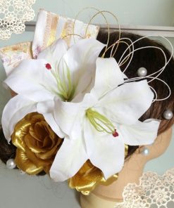 カサブランカ×ゴールド薔薇の上品な髪飾り 成人式 結婚式 前撮り 卒業式に