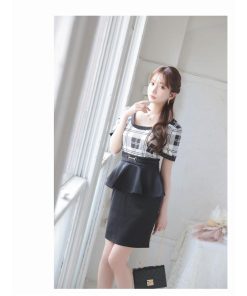 Ryuyu キャバ ドレス キャバドレス ミニドレス ミニ キャバクラドレス セクシー 韓国ドレス チェック柄 半袖 ペプラム 体型カバー