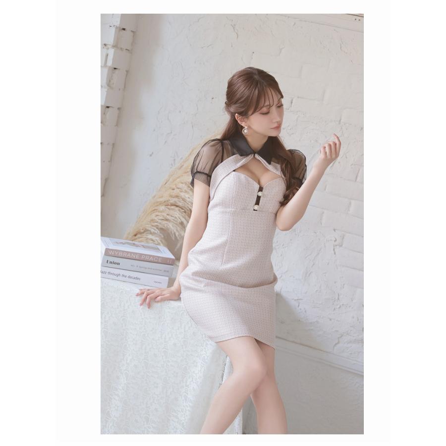 Ryuyu キャバ ドレス キャバドレス ミニドレス ミニ キャバクラドレス セクシー 韓国ドレス 襟付き ツイード 袖付き メッシュ - 画像 (3)