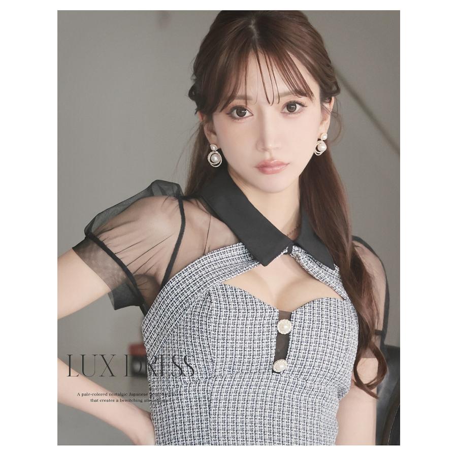 Ryuyu キャバ ドレス キャバドレス ミニドレス ミニ キャバクラドレス セクシー 韓国ドレス 襟付き ツイード 袖付き メッシュ - 画像 (6)