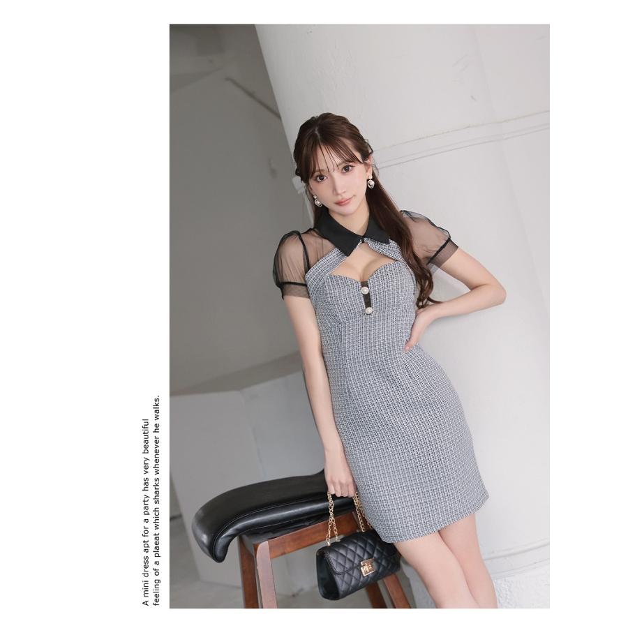 Ryuyu キャバ ドレス キャバドレス ミニドレス ミニ キャバクラドレス セクシー 韓国ドレス 襟付き ツイード 袖付き メッシュ - 画像 (7)