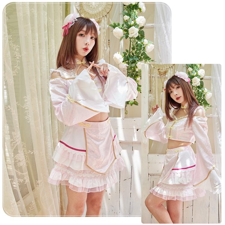 Brightlele ハロウィン コスプレ チャイナ チャイナ服 キョンシー パステルカラー へそ出し レース ミニ丈 鎖骨 肌見せ セクシー 可愛い コスプレ衣装 レディース 大人 FKR - 画像 (4)