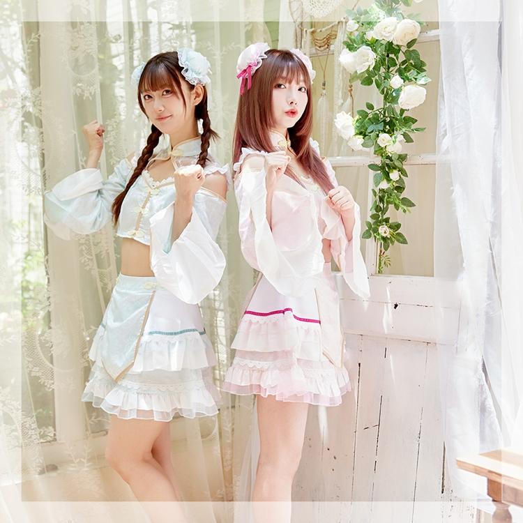 Brightlele ハロウィン コスプレ チャイナ チャイナ服 キョンシー パステルカラー へそ出し レース ミニ丈 鎖骨 肌見せ セクシー 可愛い コスプレ衣装 レディース 大人 FKR - 画像 (5)