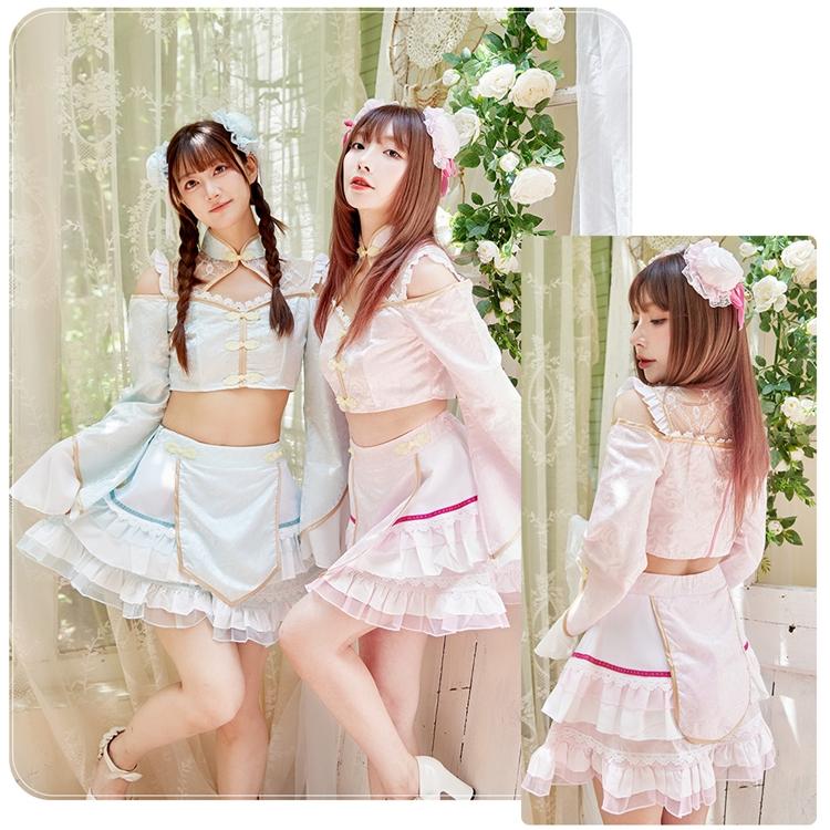 Brightlele ハロウィン コスプレ チャイナ チャイナ服 キョンシー パステルカラー へそ出し レース ミニ丈 鎖骨 肌見せ セクシー 可愛い コスプレ衣装 レディース 大人 FKR - 画像 (6)