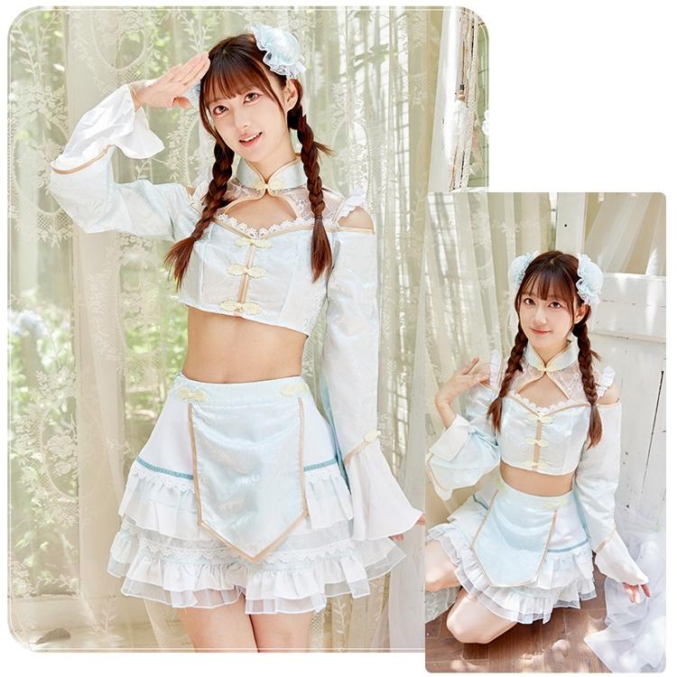 Brightlele ハロウィン コスプレ チャイナ チャイナ服 キョンシー パステルカラー へそ出し レース ミニ丈 鎖骨 肌見せ セクシー 可愛い コスプレ衣装 レディース 大人 FKR - 画像 (9)