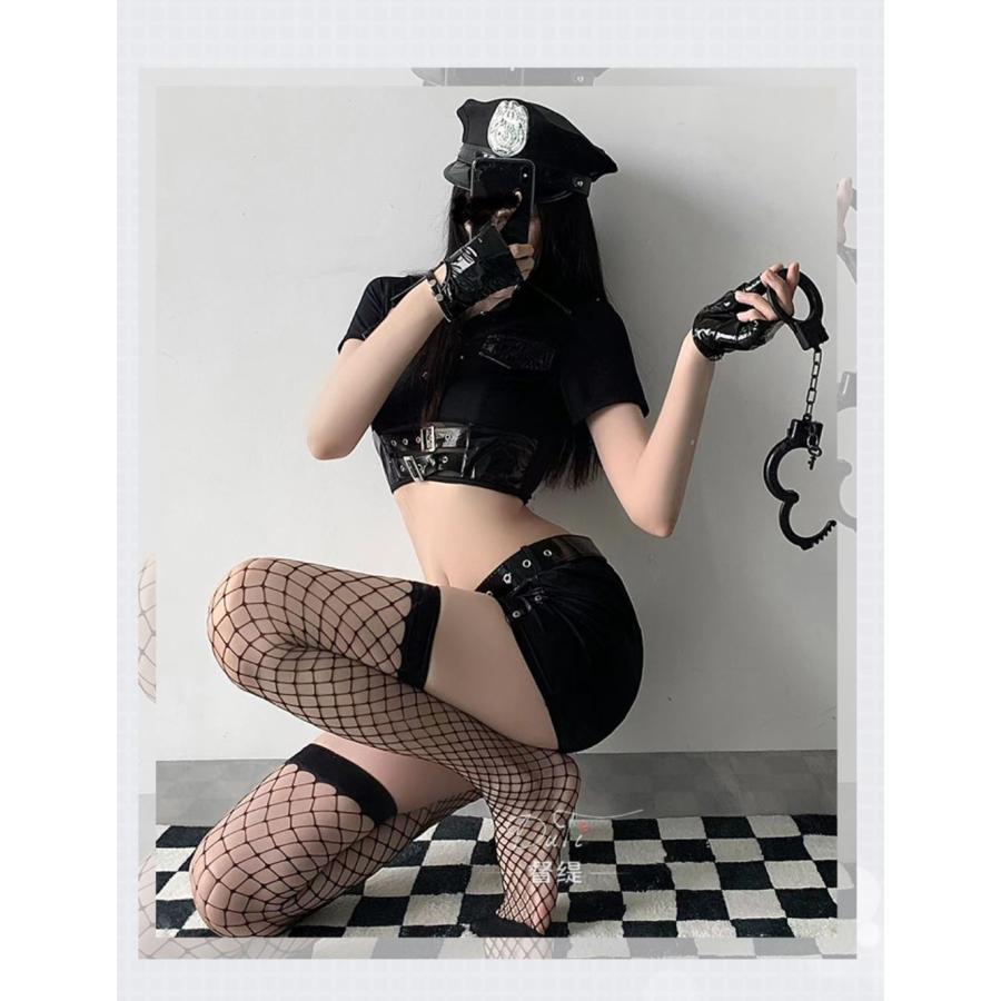 コスプレ ミニスカポリス セクシー 可愛い 婦人警官 警察 ポリス レディース ハロウィン 傷シール付 仮装 10点セット ブラック - 画像 (4)