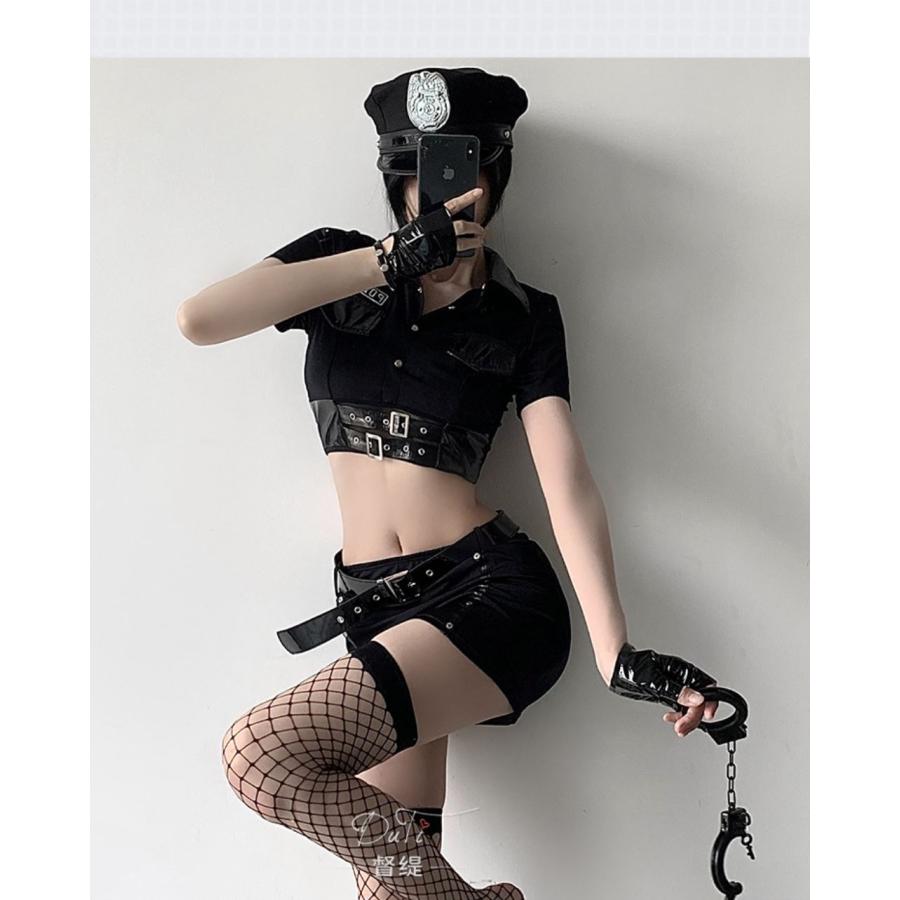 コスプレ ミニスカポリス セクシー 可愛い 婦人警官 警察 ポリス レディース ハロウィン 傷シール付 仮装 10点セット ブラック - 画像 (5)