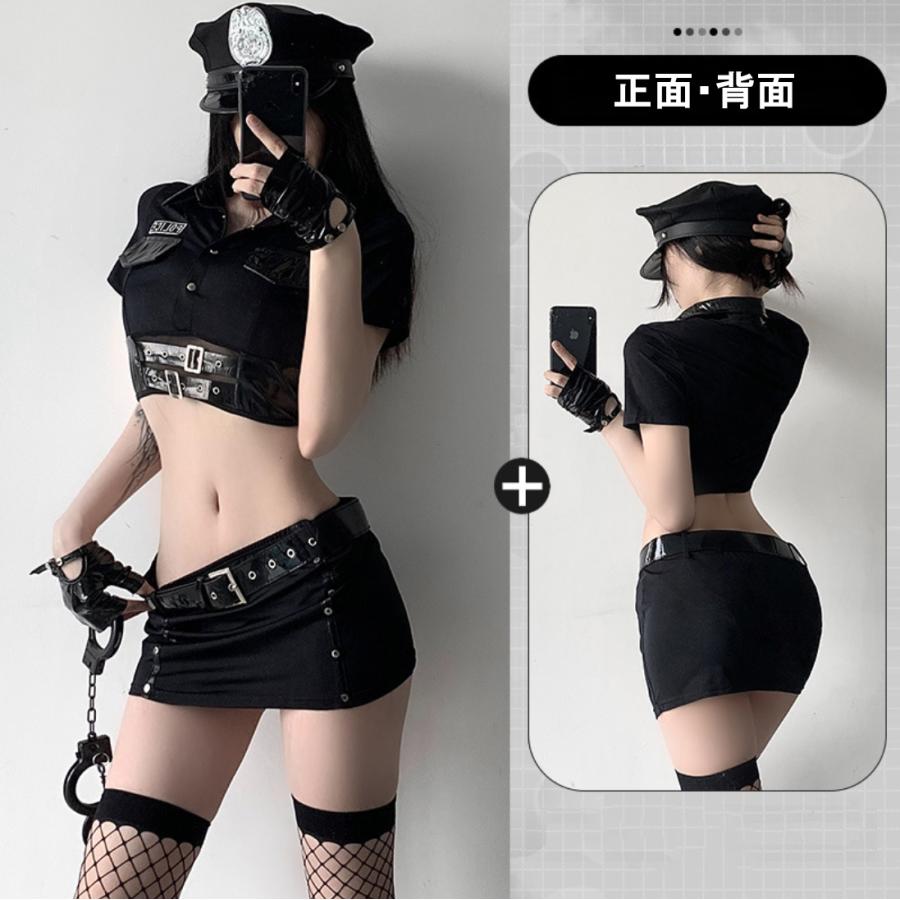 コスプレ ミニスカポリス セクシー 可愛い 婦人警官 警察 ポリス レディース ハロウィン 傷シール付 仮装 10点セット ブラック - 画像 (6)