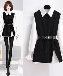 Village H&T レディース ニット コーデセット ベスト 白シャツ ブラウス トップス セーター ラウンドネック ベルト付き 3点セット