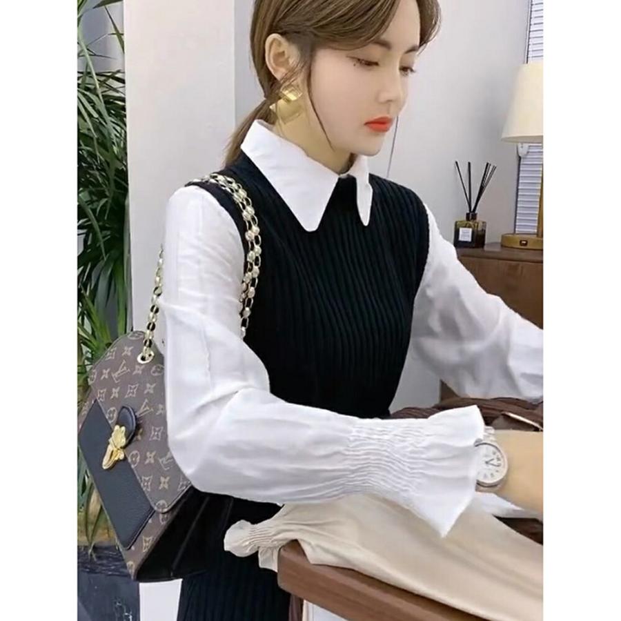 Village H&T レディース ニット コーデセット ベスト 白シャツ ブラウス トップス セーター ラウンドネック ベルト付き 3点セット - 画像 (2)