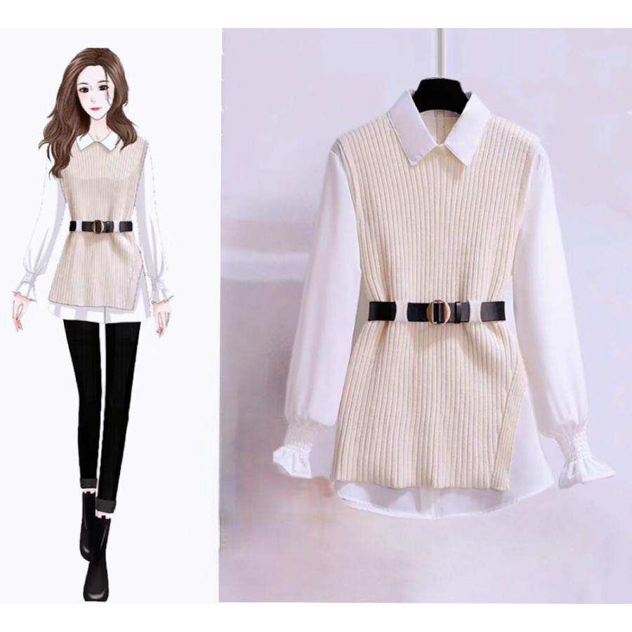 Village H&T レディース ニット コーデセット ベスト 白シャツ ブラウス トップス セーター ラウンドネック ベルト付き 3点セット - 画像 (8)