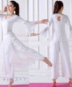 ヨガウエア　レディース古典ダンス衣装上下セットアップ　フレアラパ袖ブラウス＋シフォンガウチョパンツ　ヨガバレエラテン古典ダンス衣装　フィットネス　体操