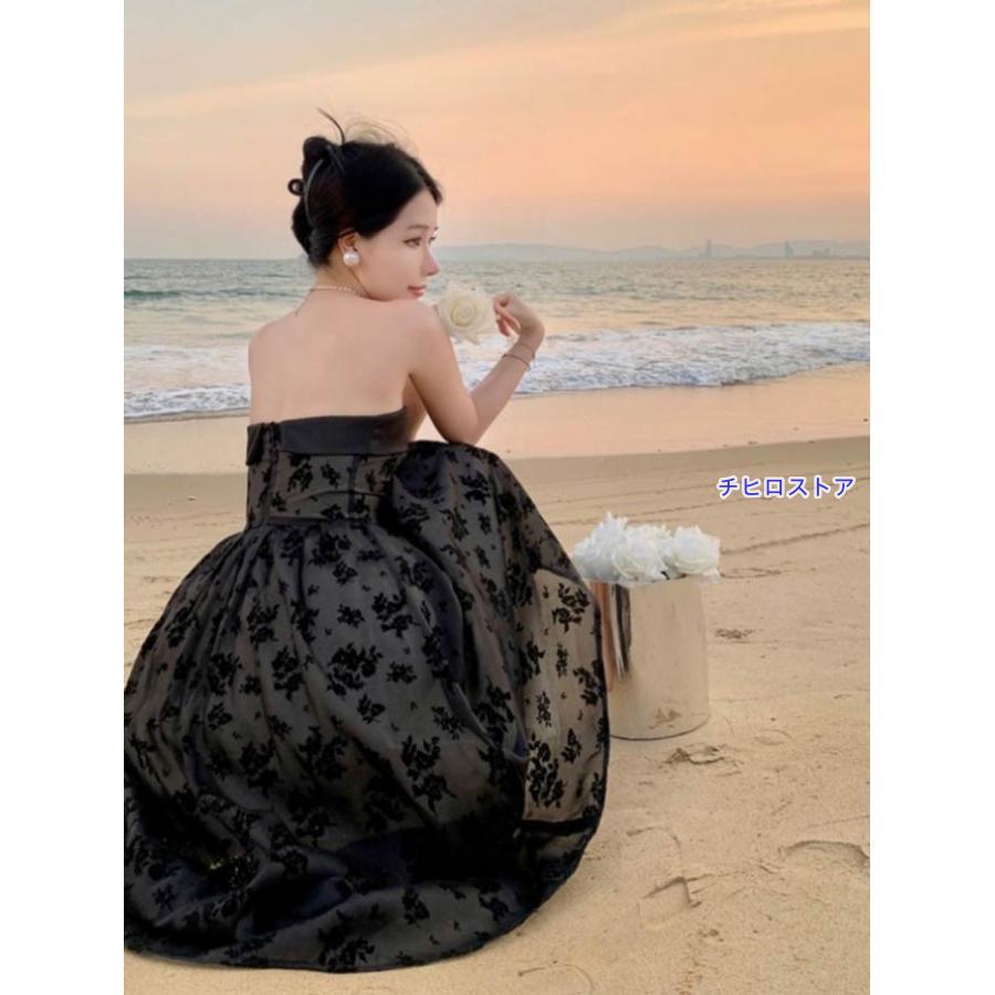 ドレス ミモレ丈ドレス ノースリーブ 袖なし ビスチェ 背中開き 編み上げ パーティードレス 結婚式 Aライン ピアノ 発表会 演奏会 披露宴 - 画像 (2)