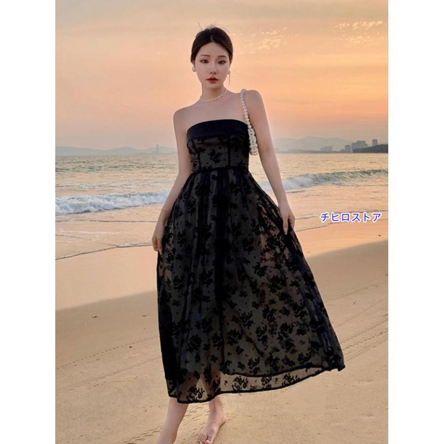 ドレス ミモレ丈ドレス ノースリーブ 袖なし ビスチェ 背中開き 編み上げ パーティードレス 結婚式 Aライン ピアノ 発表会 演奏会 披露宴 - 画像 (3)