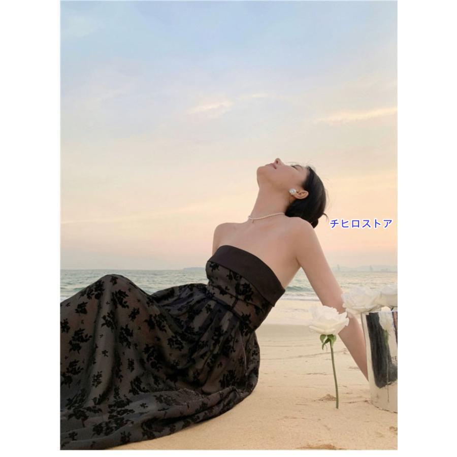 ドレス ミモレ丈ドレス ノースリーブ 袖なし ビスチェ 背中開き 編み上げ パーティードレス 結婚式 Aライン ピアノ 発表会 演奏会 披露宴 - 画像 (4)