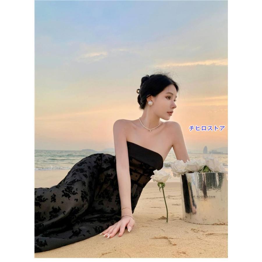 ドレス ミモレ丈ドレス ノースリーブ 袖なし ビスチェ 背中開き 編み上げ パーティードレス 結婚式 Aライン ピアノ 発表会 演奏会 披露宴 - 画像 (5)