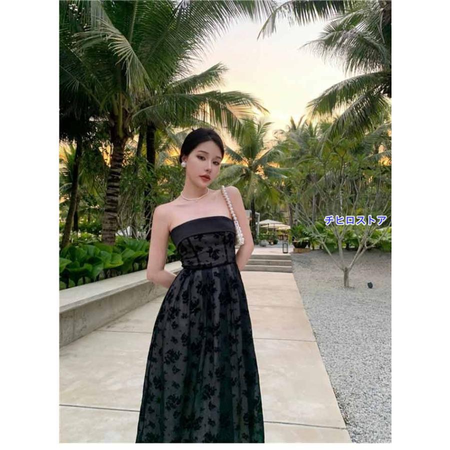 ドレス ミモレ丈ドレス ノースリーブ 袖なし ビスチェ 背中開き 編み上げ パーティードレス 結婚式 Aライン ピアノ 発表会 演奏会 披露宴 - 画像 (6)