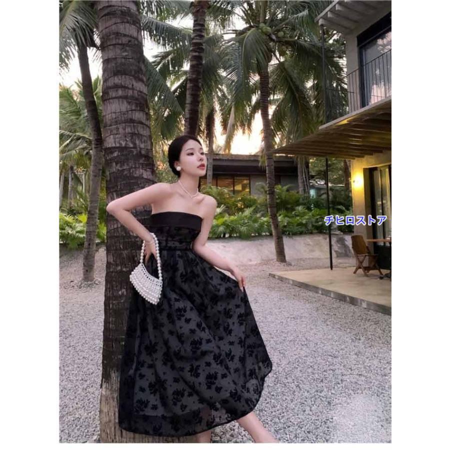 ドレス ミモレ丈ドレス ノースリーブ 袖なし ビスチェ 背中開き 編み上げ パーティードレス 結婚式 Aライン ピアノ 発表会 演奏会 披露宴 - 画像 (7)