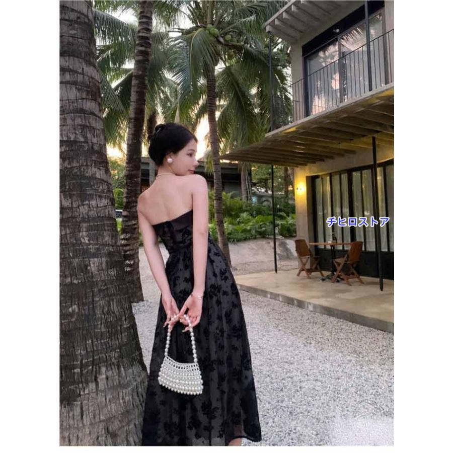 ドレス ミモレ丈ドレス ノースリーブ 袖なし ビスチェ 背中開き 編み上げ パーティードレス 結婚式 Aライン ピアノ 発表会 演奏会 披露宴 - 画像 (8)