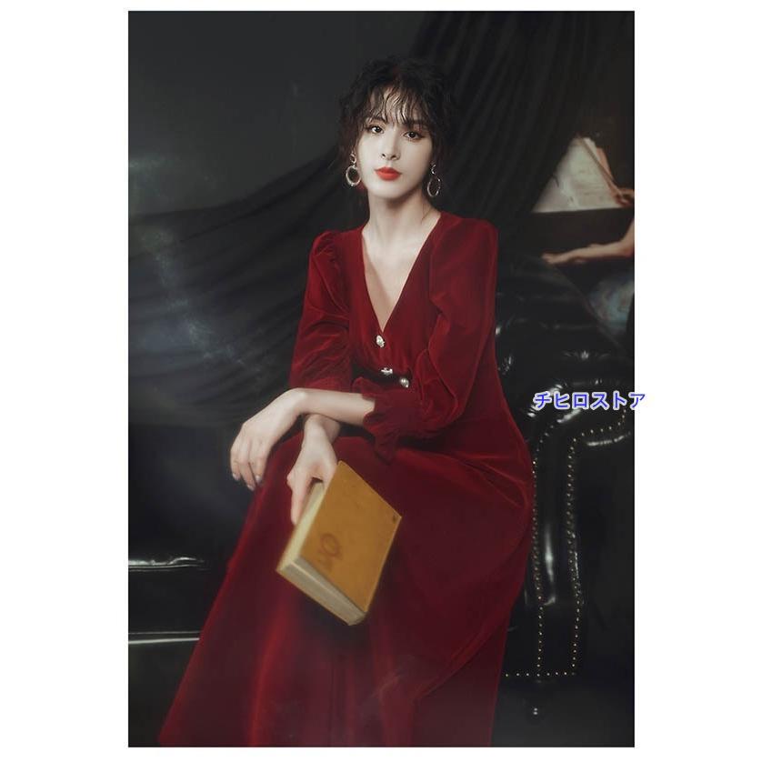 Vネック エレガント ドレス 大人 ピアノ 発表会 ロング丈 ベルベット 冬向き パーティー 演奏会 結婚式 ワンピース - 画像 (3)