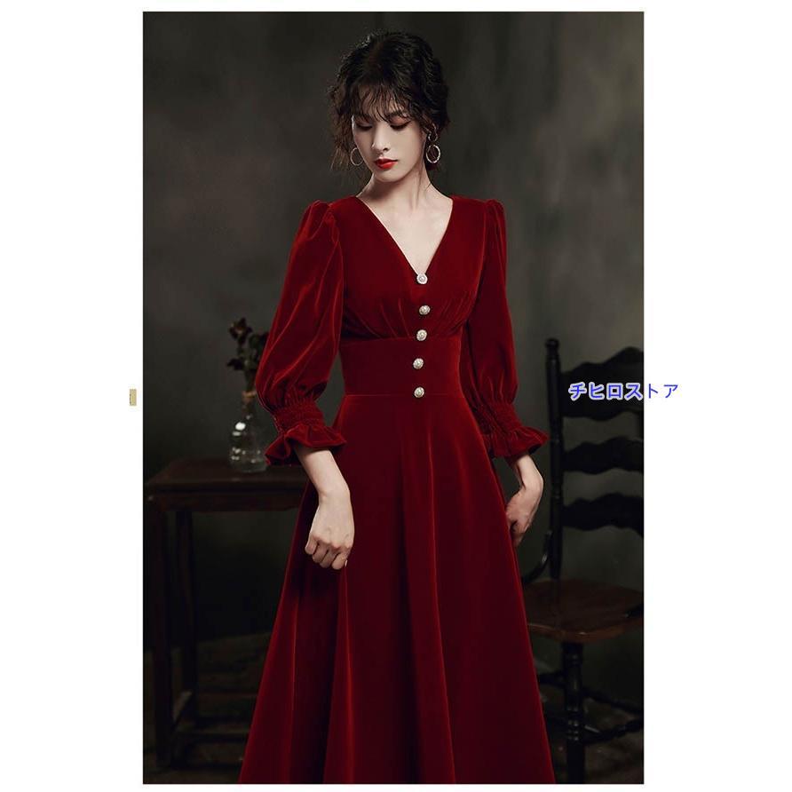 Vネック エレガント ドレス 大人 ピアノ 発表会 ロング丈 ベルベット 冬向き パーティー 演奏会 結婚式 ワンピース - 画像 (4)