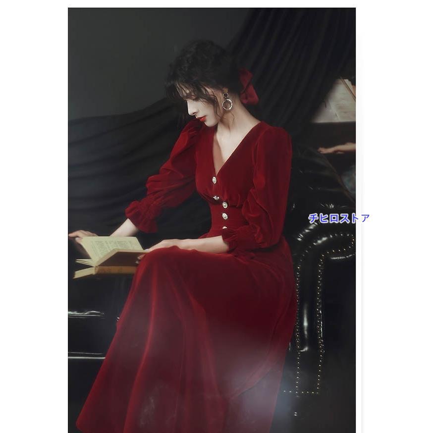 Vネック エレガント ドレス 大人 ピアノ 発表会 ロング丈 ベルベット 冬向き パーティー 演奏会 結婚式 ワンピース - 画像 (5)