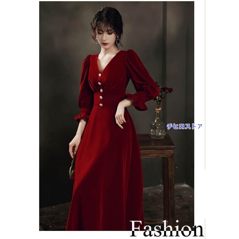 Vネック エレガント ドレス 大人 ピアノ 発表会 ロング丈 ベルベット 冬向き パーティー 演奏会 結婚式 ワンピース - 画像 (6)