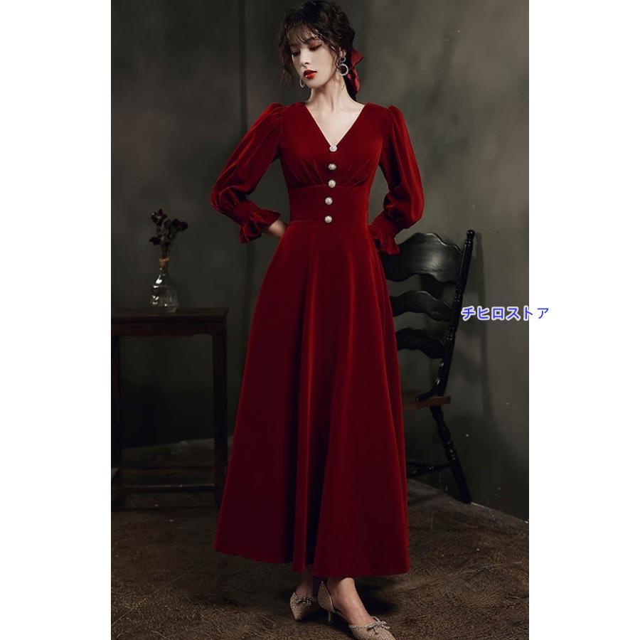 Vネック エレガント ドレス 大人 ピアノ 発表会 ロング丈 ベルベット 冬向き パーティー 演奏会 結婚式 ワンピース - 画像 (7)